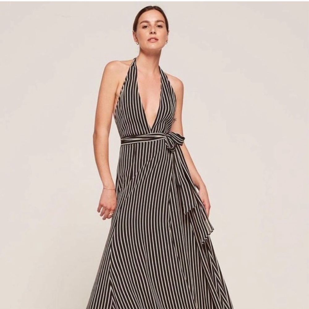 Reformation Womens Waltz Dress Small Black White Striped Halter Wrap Backless